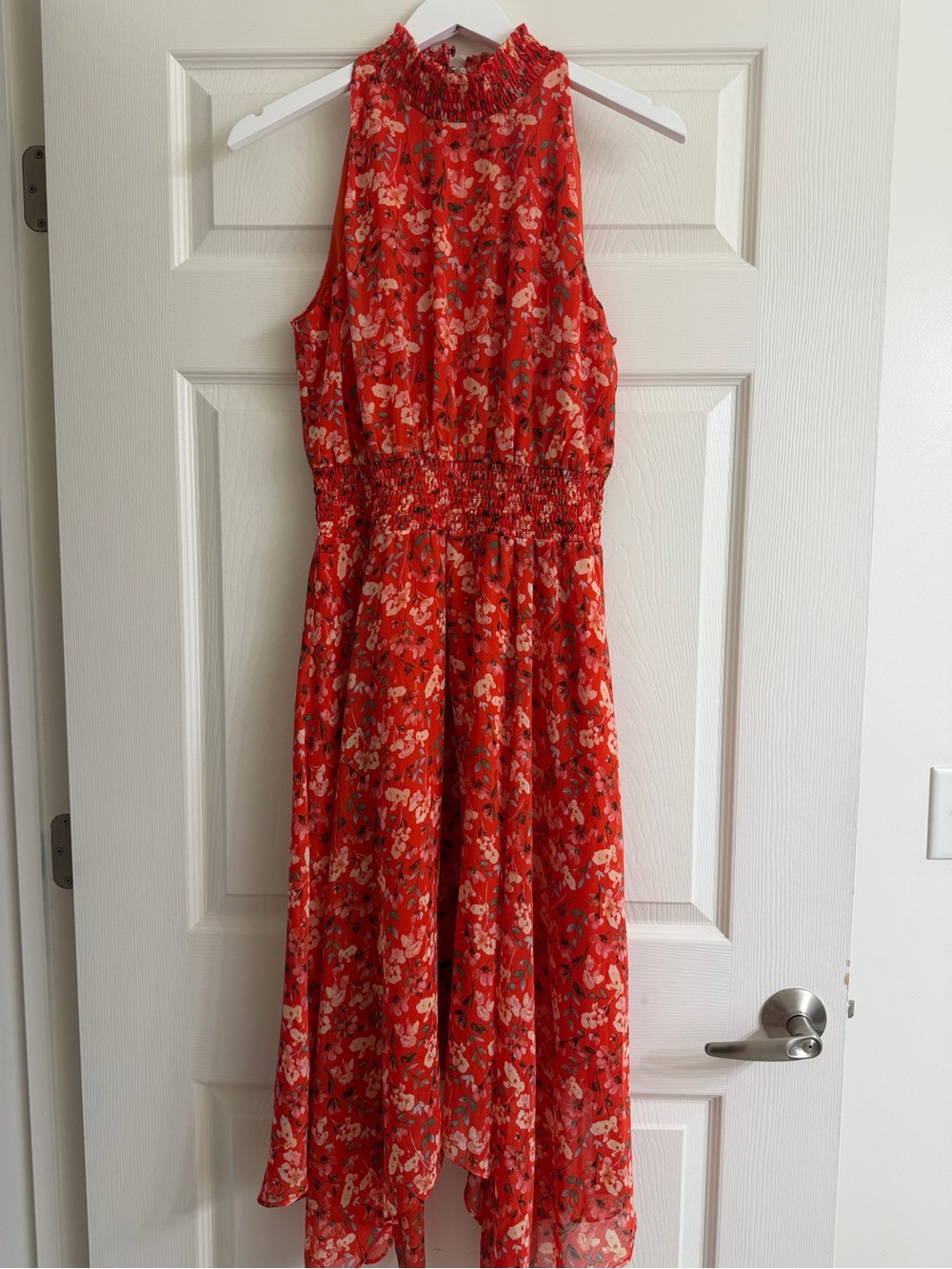Sam Edelman Red Floral Smocked High-Neck High-Low Dress